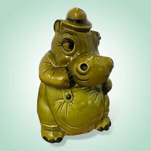 Vintage 1960s/1970s Olive Green Ceramic Hippo Cookie Jar